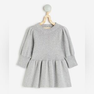 H&M Baby Girls Light Gray Cotton Knit Sweater Dress Puff Sleeve Flared Skirt 18M